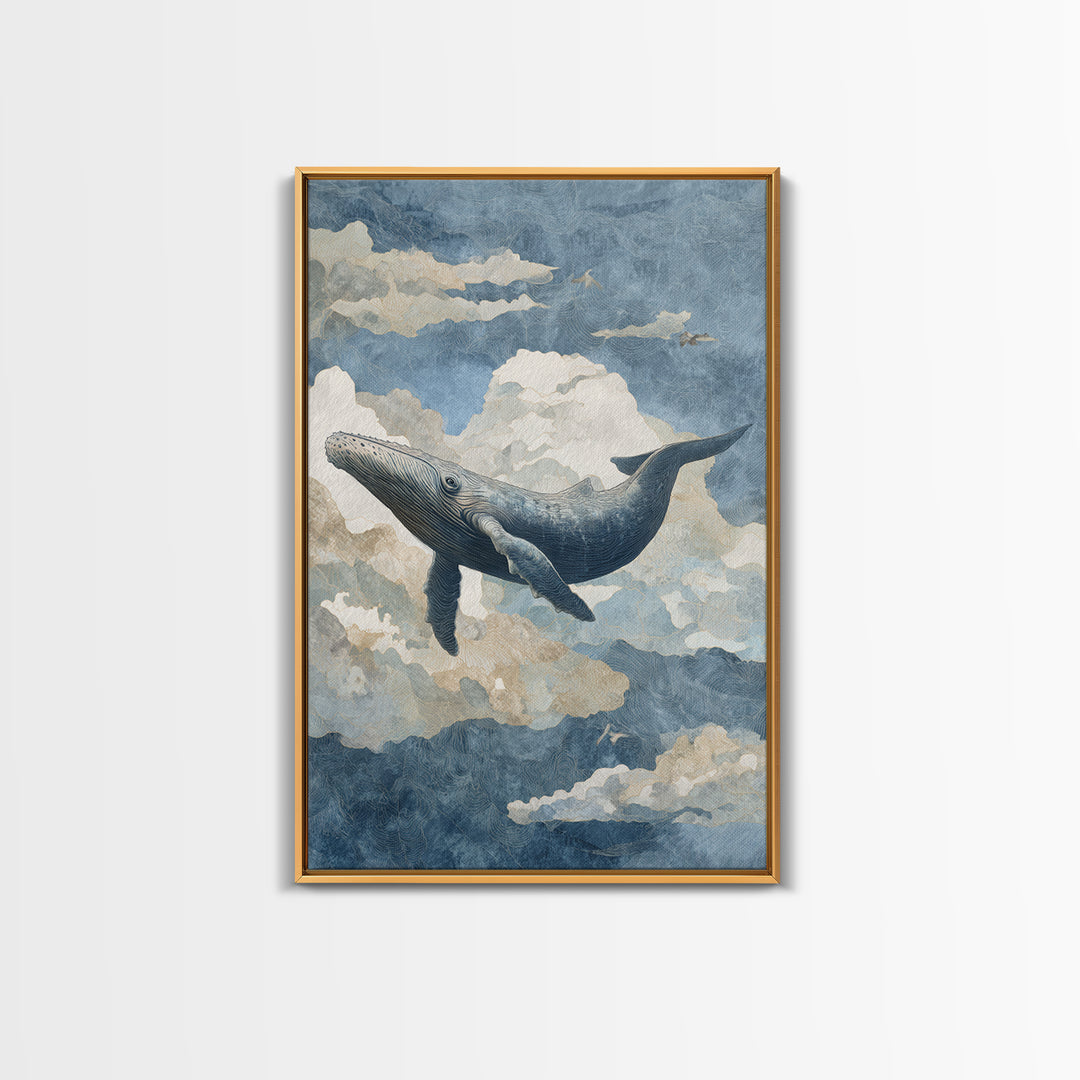 Whale Flying Through Clouds Like Ocean Canvas Print, Whimsical Art, Framed Wall Art, Living Room Decor, Oil Painting, Wonder, WHI-2x3-45