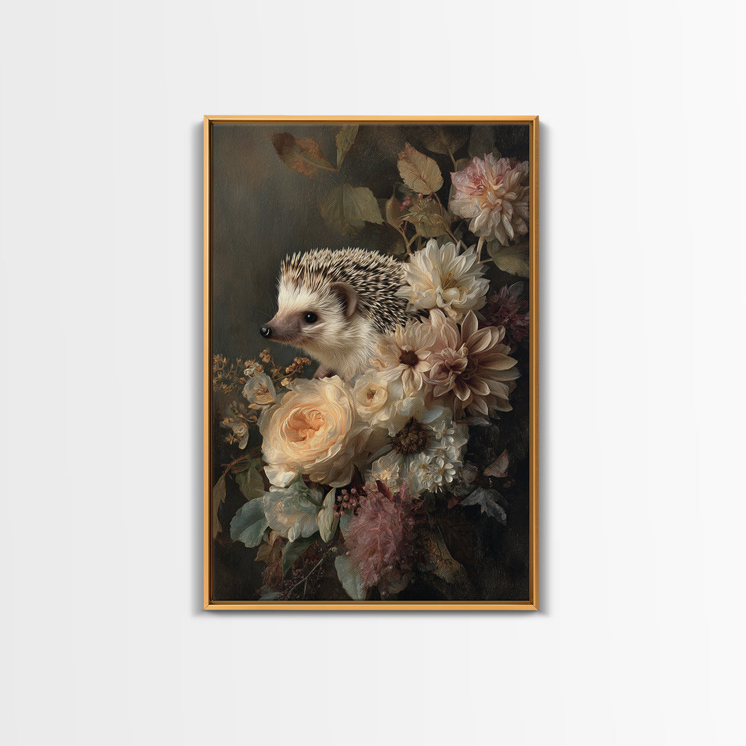 Hedgehog Carrying Wildflowers Framed Canvas Print, Whimsical Art, Art Nouveau, Living Room Decor, Wonder, Nursery Wall Decor, WHI-2x3-47