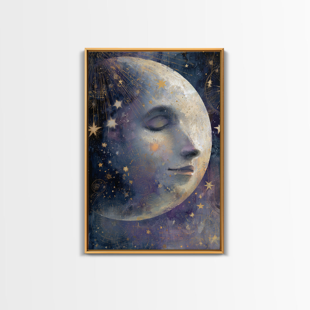 Moon with Sleeping Face and Dangling Stars Framed Canvas Print, Whimsical Art, Home Decor, Living Room Decor, Fine Art, Wonder, WHI-2x3-48