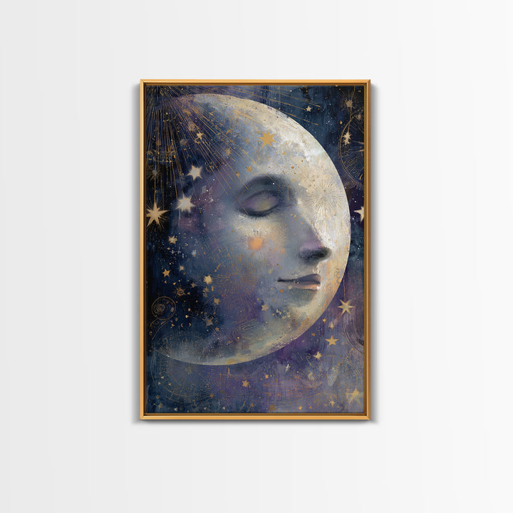 Moon with Sleeping Face and Dangling Stars Framed Canvas Print, Whimsical Art, Home Decor, Living Room Decor, Fine Art, Wonder, WHI-2x3-48