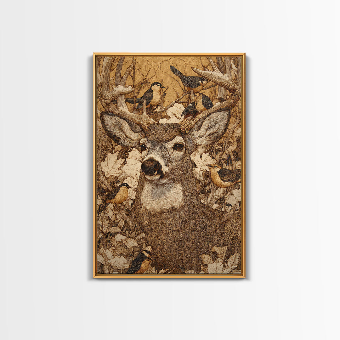 Deer with Antlers Full of Birds Framed Canvas Print, Whimsical Art, Printable Wall Art, Living Room Decor, Oil Painting, Wonder, WHI-2x3-51