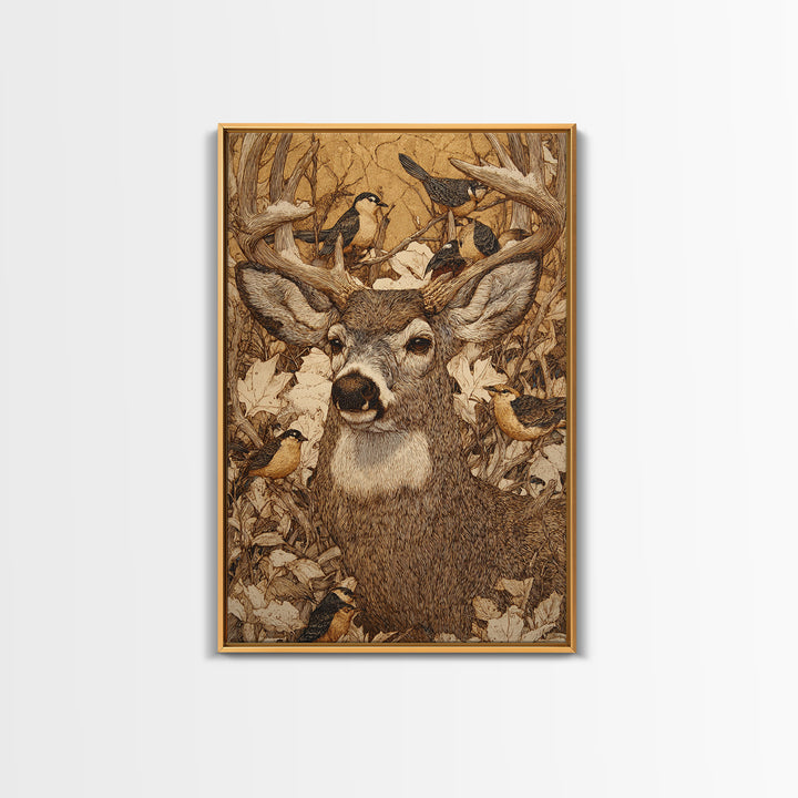 Deer with Antlers Full of Birds Framed Canvas Print, Whimsical Art, Printable Wall Art, Living Room Decor, Oil Painting, Wonder, WHI-2x3-51