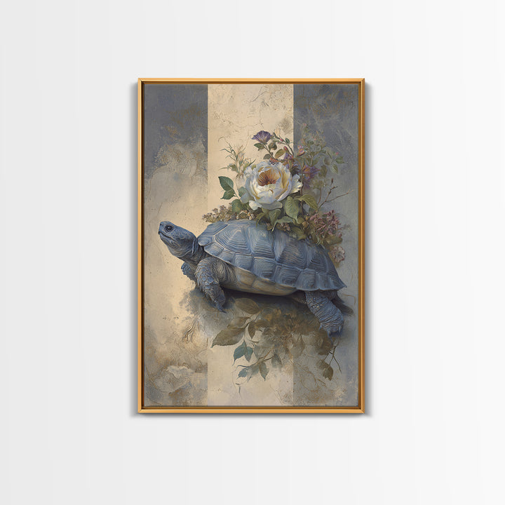 Turtle with Garden Growing on Shell Framed Canvas Print, Whimsical Art, Minimalist Decor, Living Room Decor, Oil Painting, WHI-2x3-6