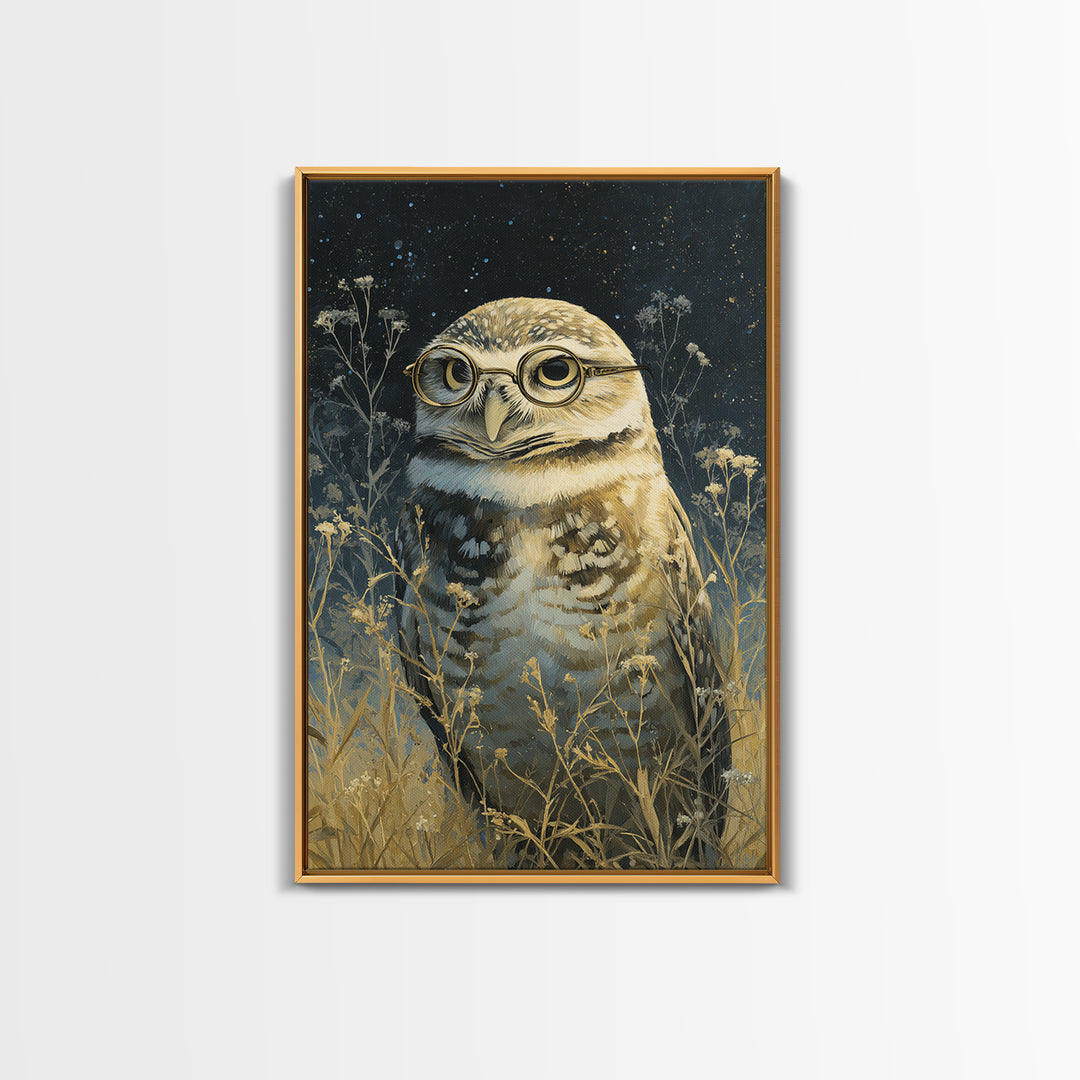 Owl Wearing Spectacles Among Stars Canvas Print, Whimsical Art, Art Nouveau, Living Room Decor, Abstract Art, Wonder, WHI-2x3-62