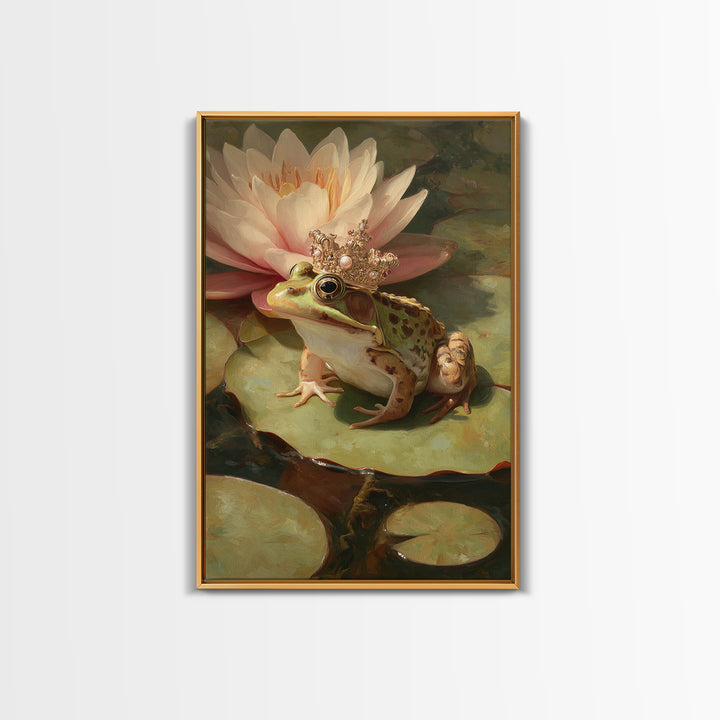 Frog Prince on a Lily Pad Framed Canvas Print, Whimsical Art, Digital Art, Living Room Decor, Fine Art, Wonder, Nursery, WHI-2x3-64