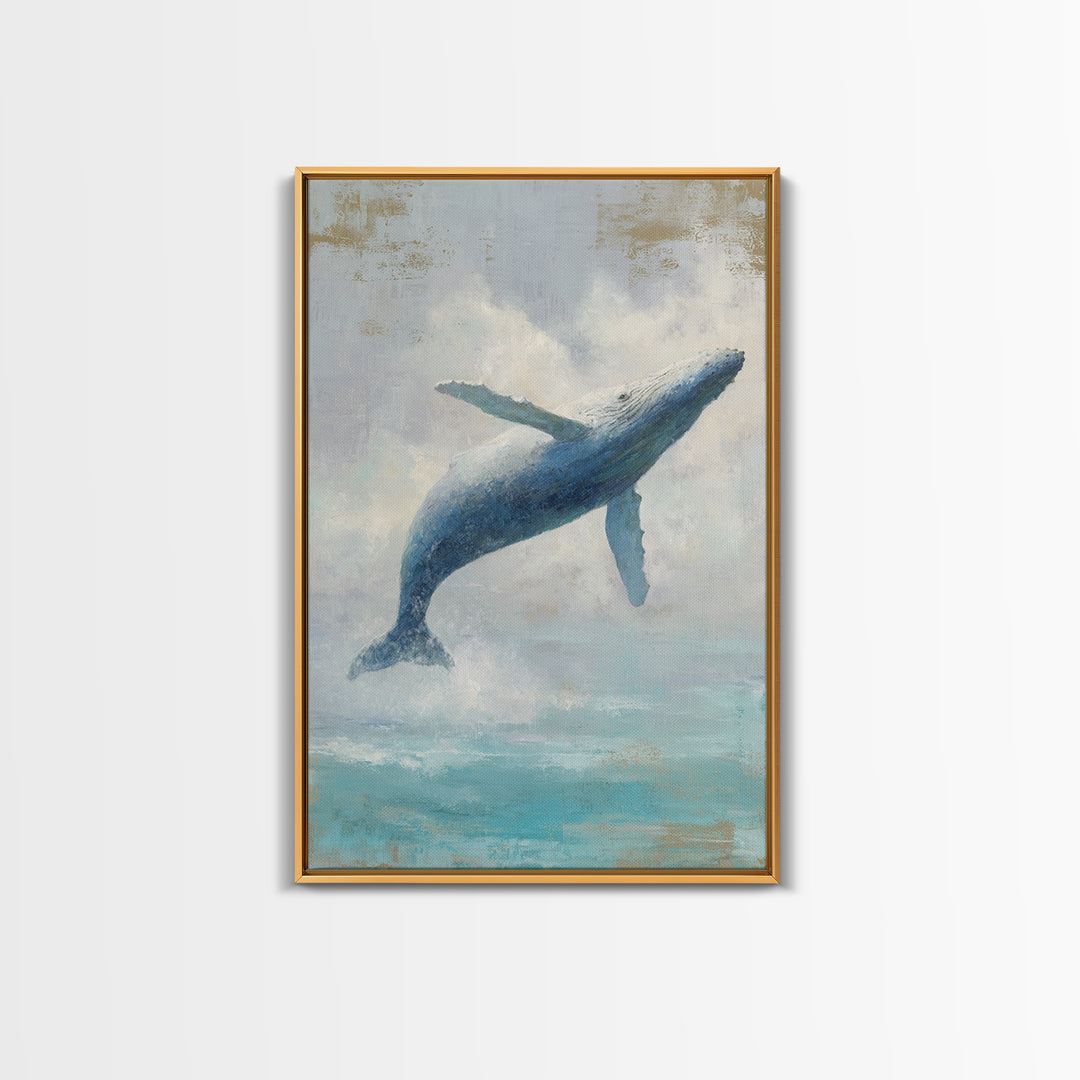 Whale Flying Through Clouds Like Ocean Framed Canvas Print, Whimsical Art, Living Room Decor, Fine Art, Wonder, Gallery Decor, WHI-2x3-69