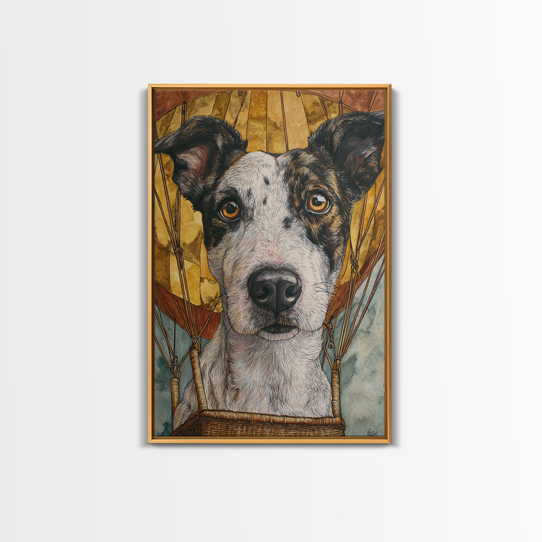 Dog in a Hot Air Balloon Canvas Print, Whimsical Art, Oil Painting, Living Room Decor, Fine Art, Wonder, Dark Academia Decor, WHI-2x3-70