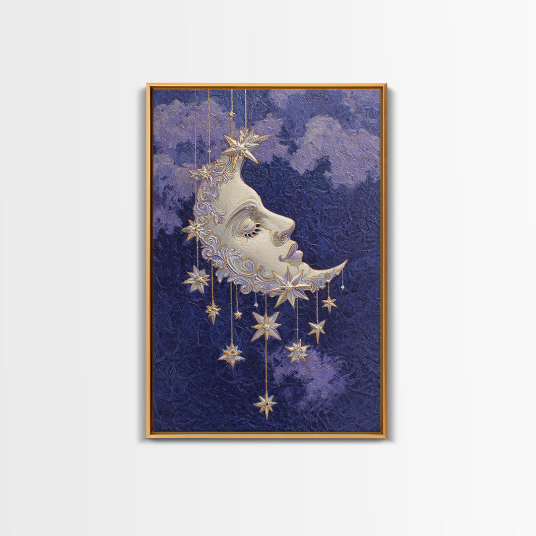 Moon with Sleeping Face and Dangling Stars Canvas Print, Whimsical Art, Printable Wall Art, Living Room Decor, Fine Art, Wonder, WHI-2x3-72