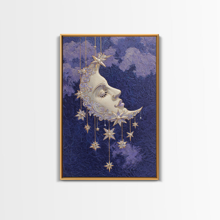 Moon with Sleeping Face and Dangling Stars Canvas Print, Whimsical Art, Printable Wall Art, Living Room Decor, Fine Art, Wonder, WHI-2x3-72