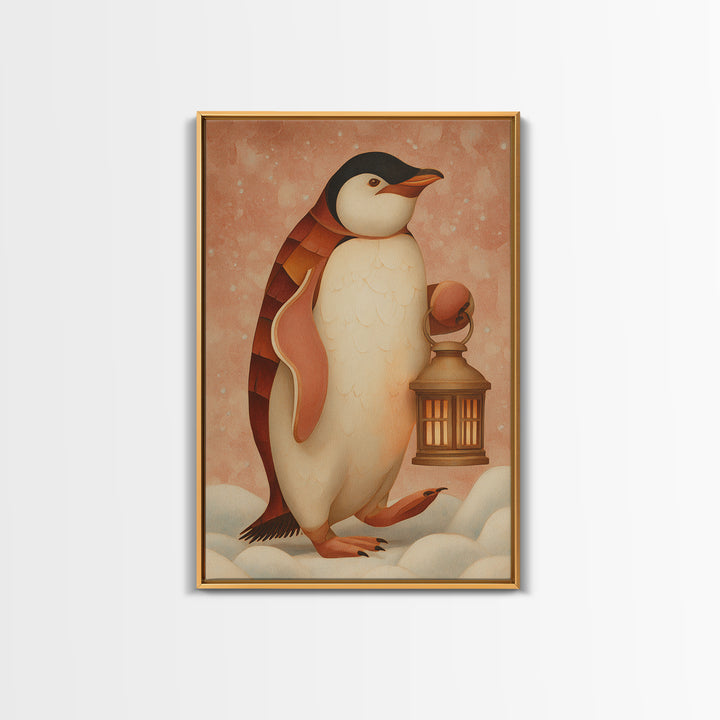 Penguin Holding a Lantern Framed Canvas Print, Whimsical Art, Abstract Wall Art, Living Room Decor, Fine Art, Wonder, WHI-2x3-73