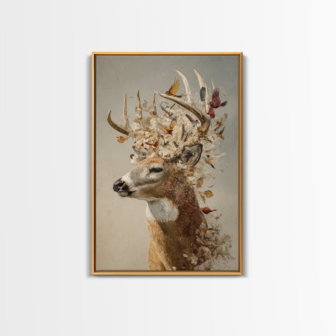 Deer with Antlers Full of Birds Framed Canvas Print, Whimsical Art, Living Room Decor, Fine Art, Wonder, Gallery Decor, WHI-2x3-75