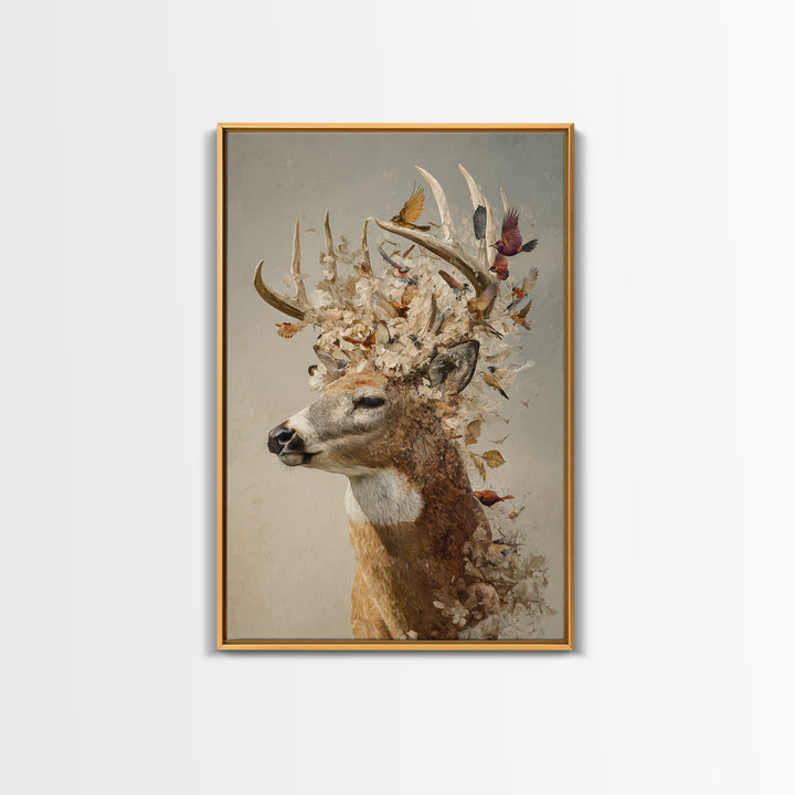 Deer with Antlers Full of Birds Framed Canvas Print, Whimsical Art, Living Room Decor, Fine Art, Wonder, Gallery Decor, WHI-2x3-75