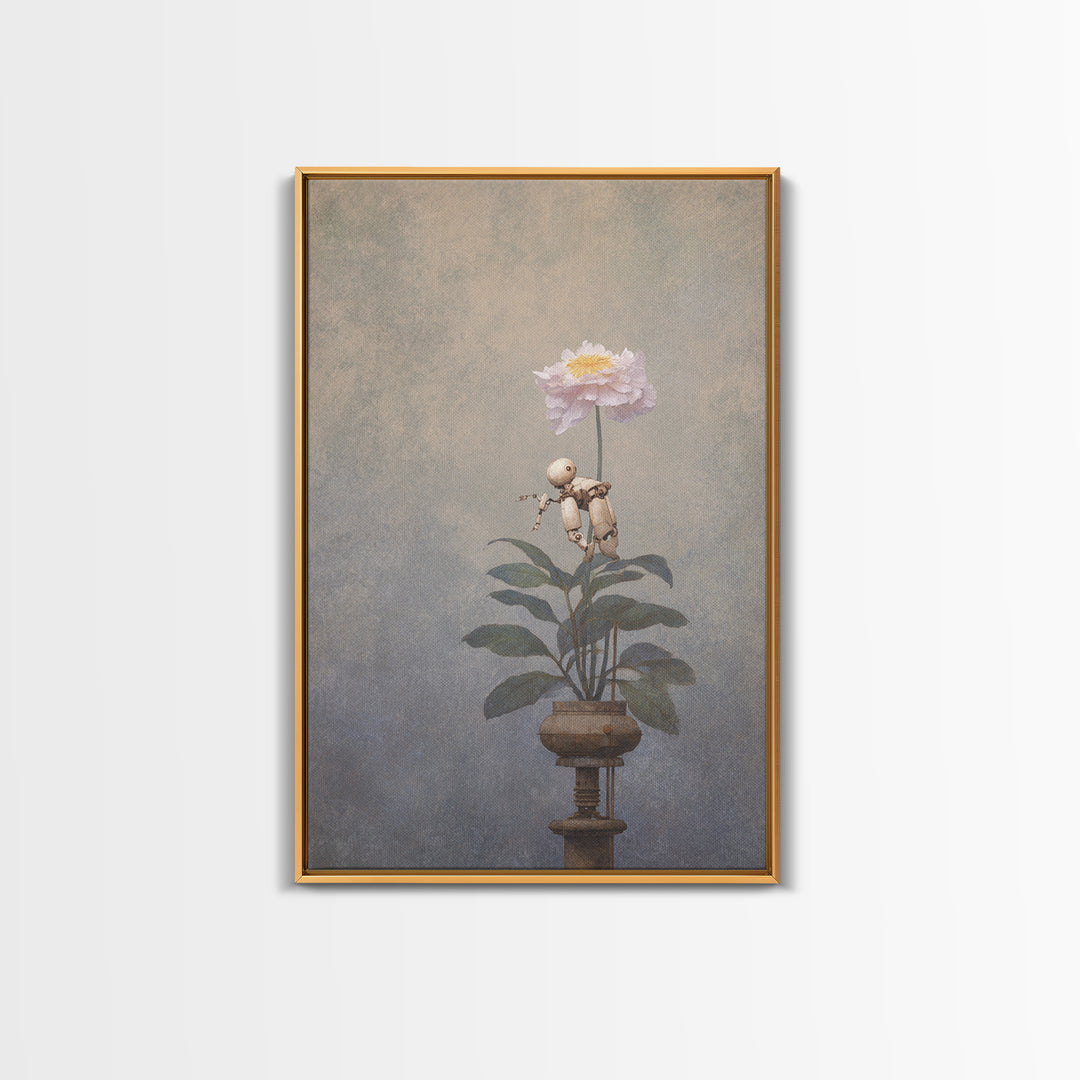 Robot Watering a Single Flower Canvas Print, Whimsical Art, Dark Academia Decor, Living Room Decor, Fine Art, Wonder, WHI-2x3-77