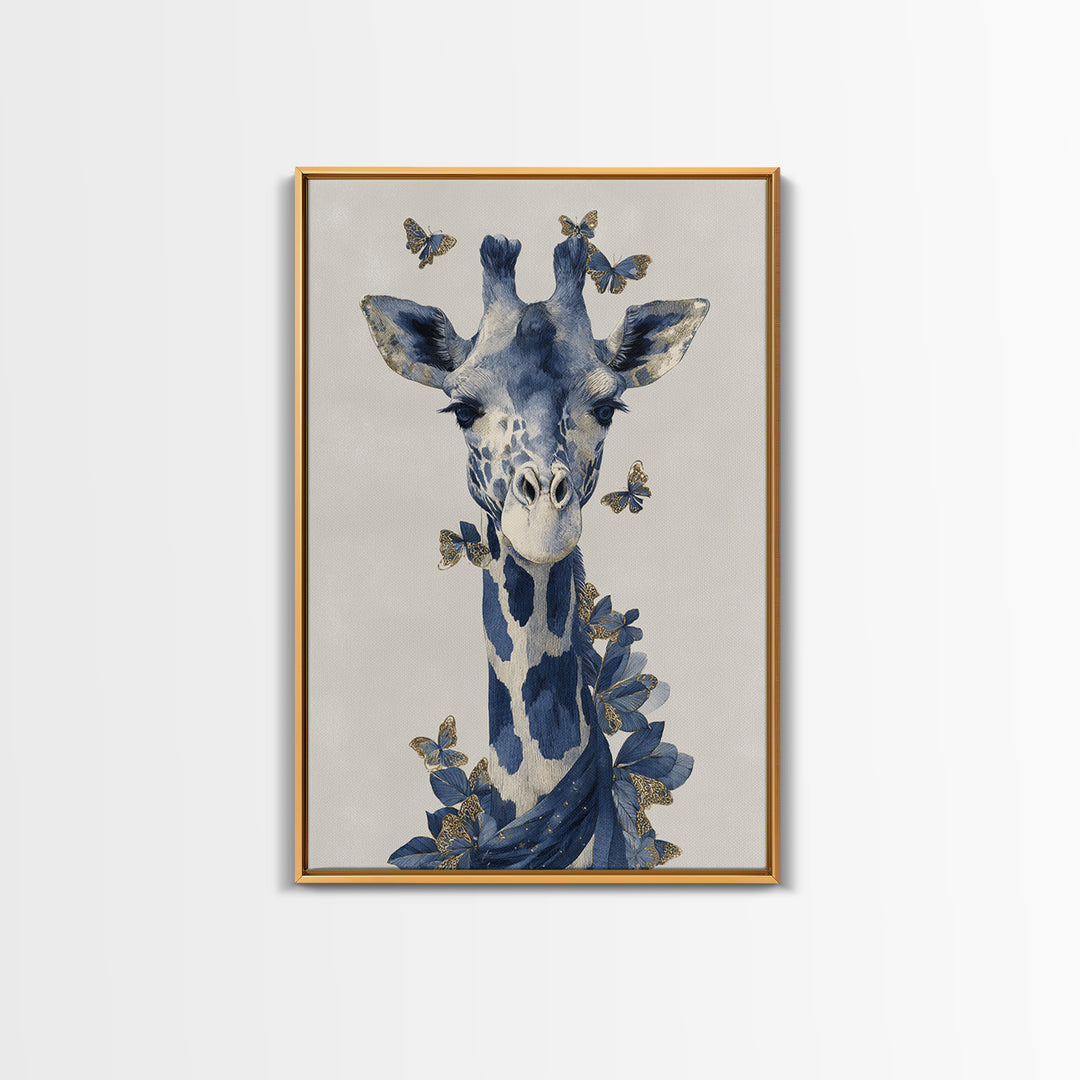 Giraffe with Scarf and Butterflies Framed Canvas Print, Whimsical Art, Framed Wall Art, Living Room Decor, Fine Art, Wonder, WHI-2x3-90
