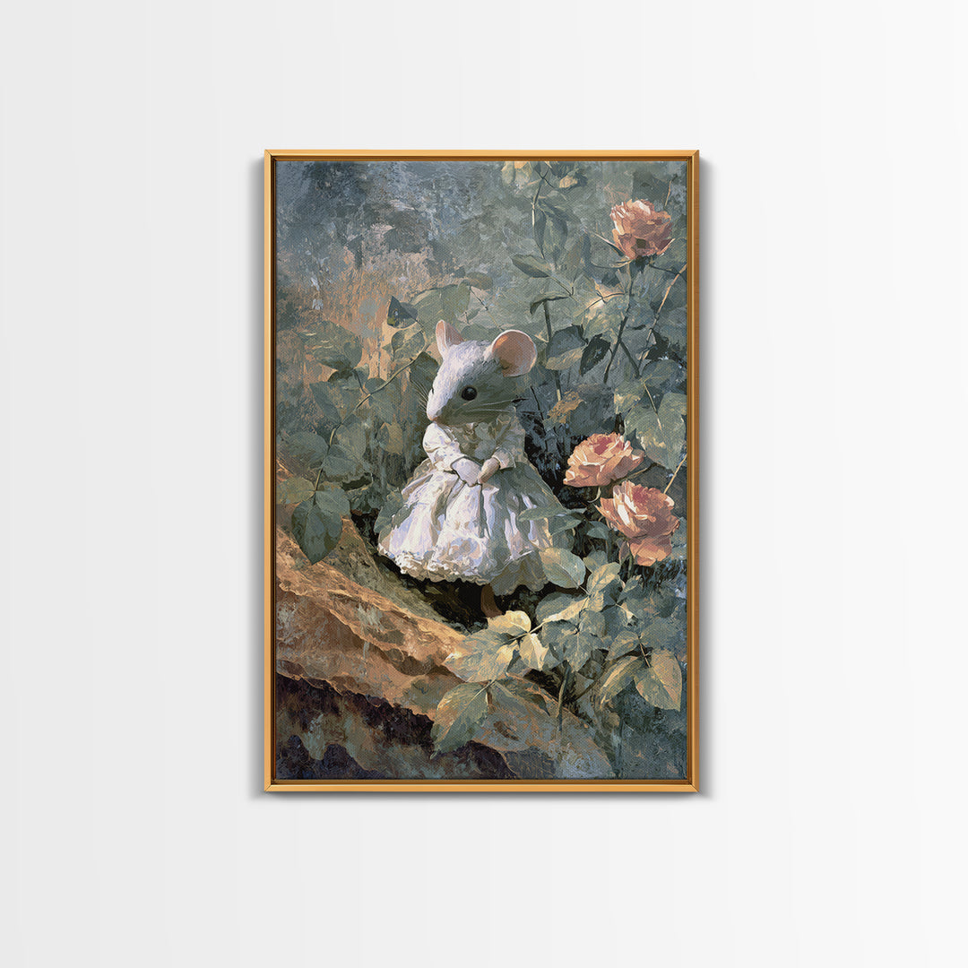Mouse Ballerina in a Rose Garden Canvas Print, Whimsical Art, Cat Art, Living Room Decor, Watercolor Art, Wonder, WHI-2x3-91