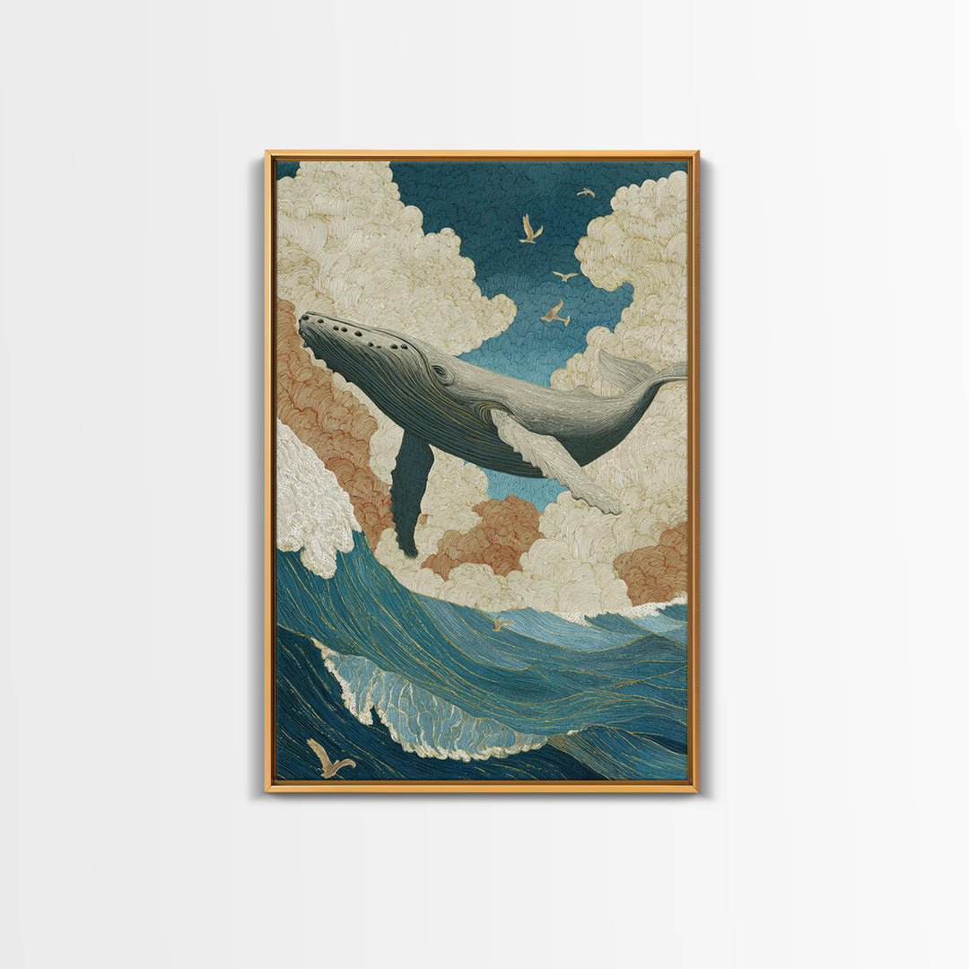 Whale Flying Through Clouds Like Ocean Framed Canvas Print, Whimsical Art, Living Room Decor, Fine Art, Wonder, Gallery Decor, WHI-2x3-93
