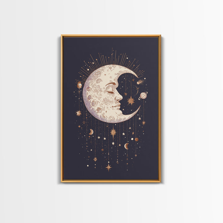 Moon with Sleeping Face and Dangling Stars Canvas Print, Whimsical Art, Living Room Decor, Fine Art, Wonder, Gallery Decor, WHI-2x3-96