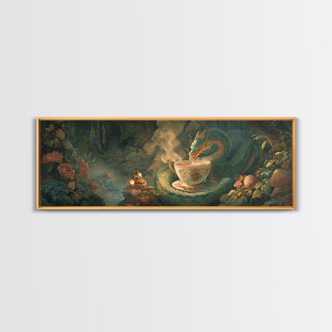 Dragon Curled Around a Teacup Canvas Print, Whimsical Art, Dark Academia Decor, Living Room Decor, Wonder, Modern Decor, WHI-3x1-16