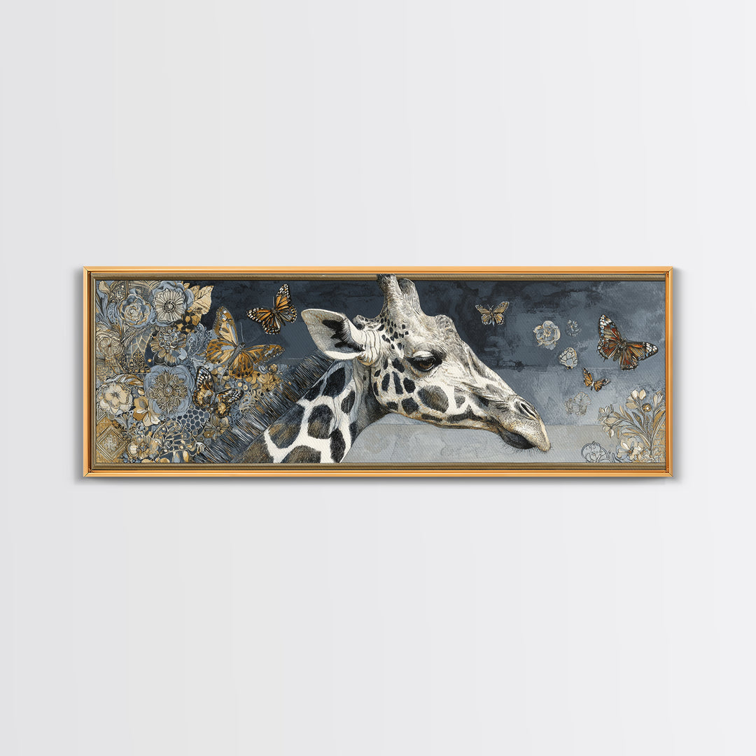 Giraffe with Scarf and Butterflies Framed Canvas Print, Whimsical Art, Original Art, Living Room Decor, Fine Art, Wonder, WHI-3x1-2
