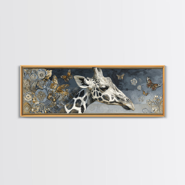 Giraffe with Scarf and Butterflies Framed Canvas Print, Whimsical Art, Original Art, Living Room Decor, Fine Art, Wonder, WHI-3x1-2