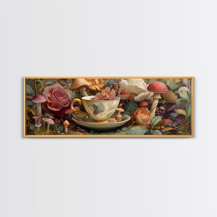 Teacup Garden with Tiny Mushrooms Canvas Print, Whimsical Art, Nursery Art, Living Room Decor, Oil Painting, Wonder, WHI-3x1-20
