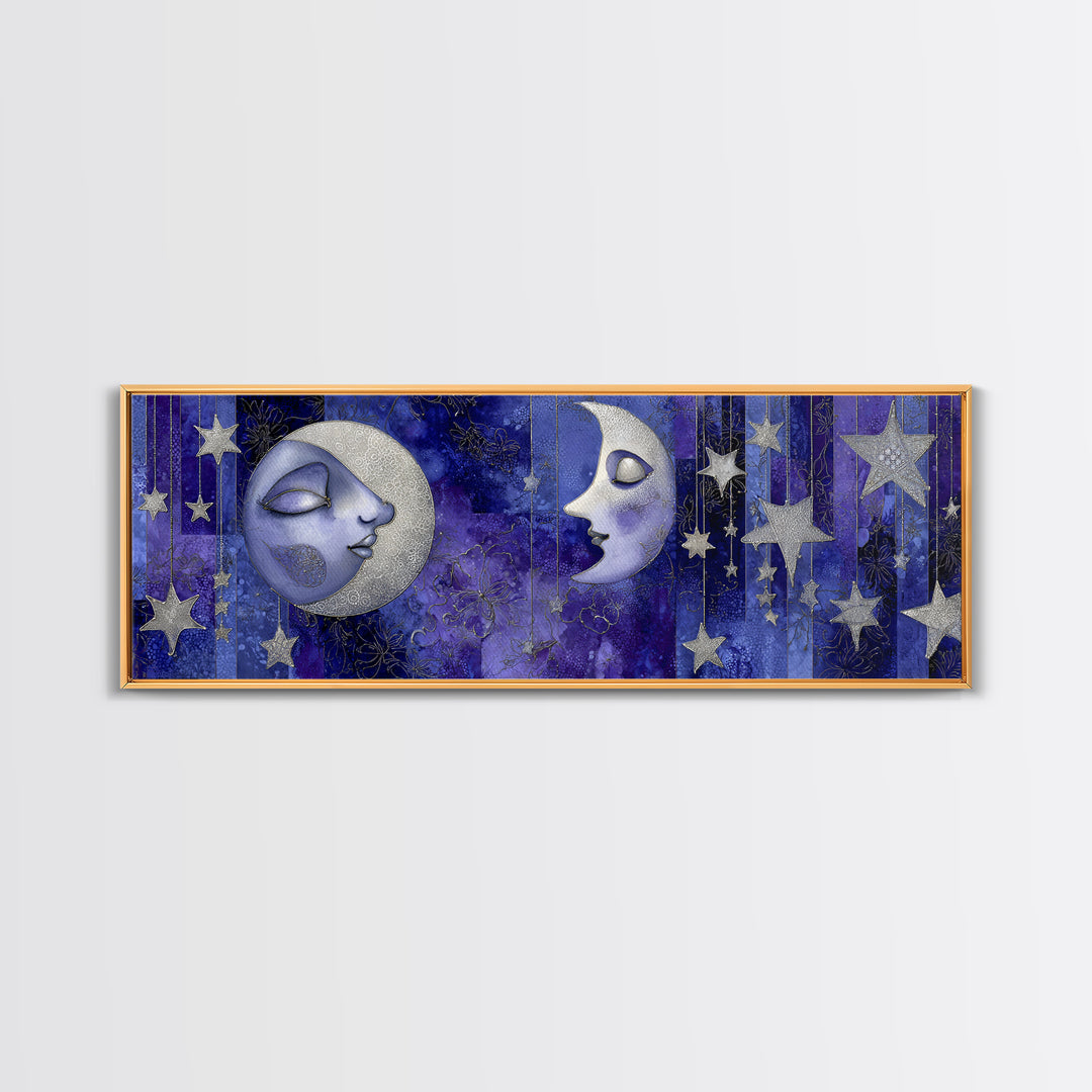 Moon with Sleeping Face and Dangling Stars Framed Canvas Print, Whimsical Art, Watercolor Art, Living Room Decor, Wonder, WHI-3x1-32