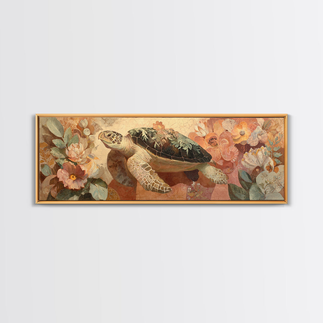 Turtle with Garden Growing on Shell Canvas Print, Whimsical Art, Framed Wall Art, Living Room Decor, Oil Painting, Wonder, WHI-3x1-38
