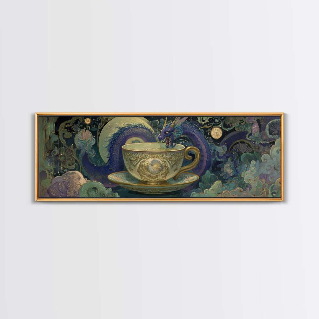 Dragon Curled Around a Teacup Canvas Print, Whimsical Art, Neutral Decor, Living Room Decor, Fine Art, Wonder, Home Decor, WHI-3x1-40
