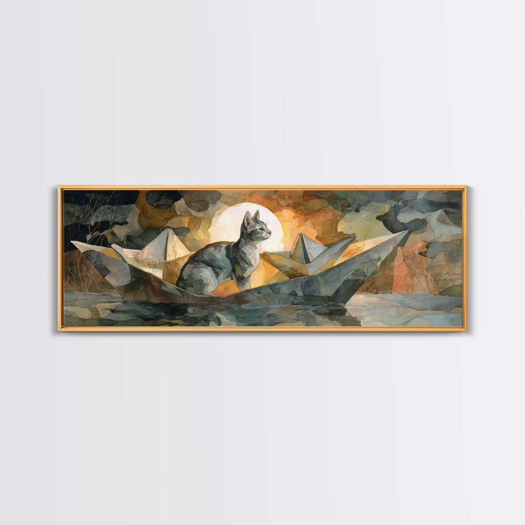 Cat Sailing a Paper Boat Canvas Print, Whimsical Art, Abstract Wall Art, Living Room Decor, Fine Art, Wonder, Neutral Decor, WHI-3x1-42