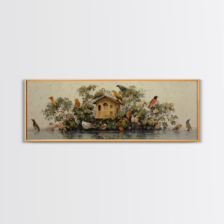 Floating House Carried by Colorful Birds Framed Canvas Print, Whimsical Art, Living Room Decor, Oil Painting, Wonder, WHI-3x1-47