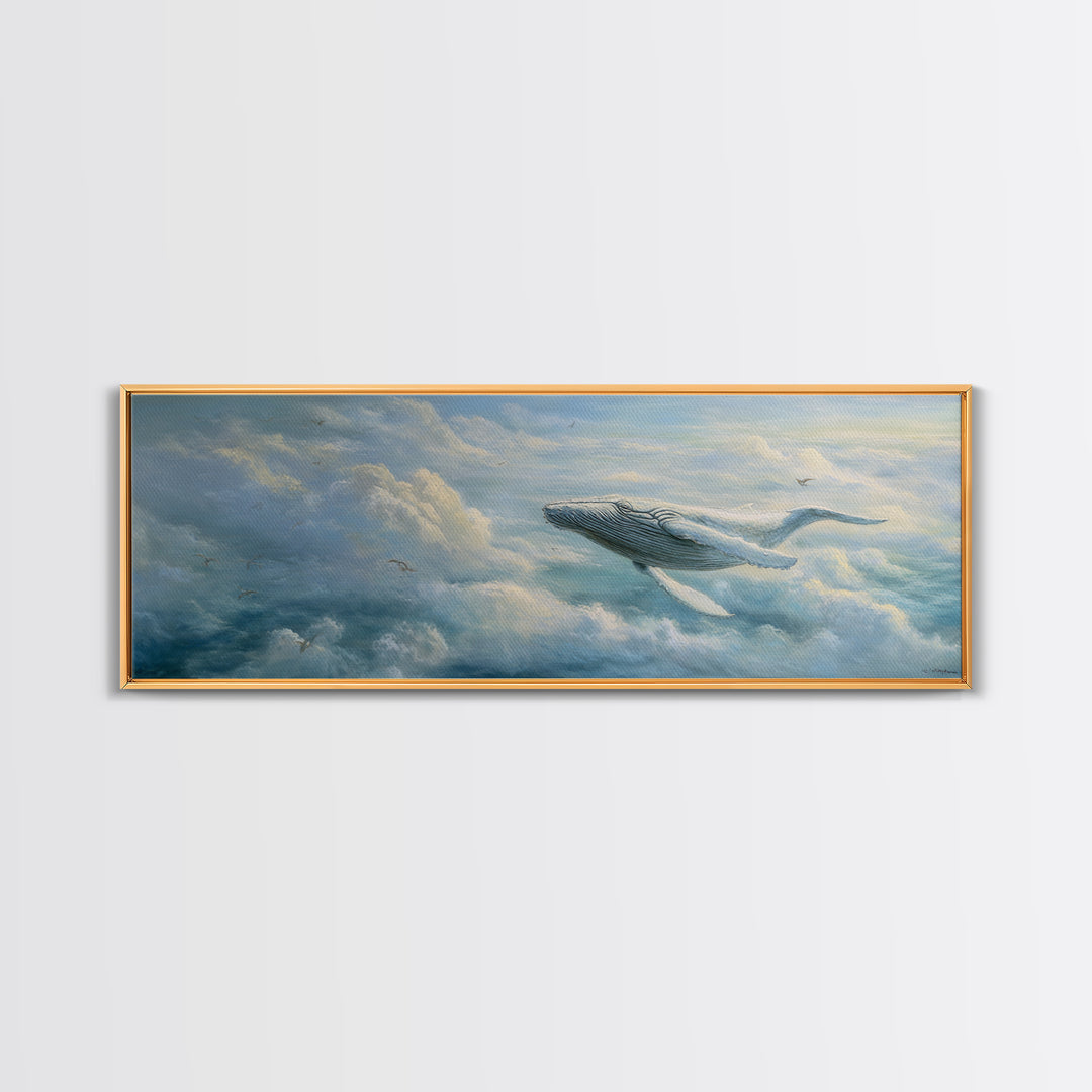 Whale Flying Through Clouds Like Ocean Framed Canvas Print, Whimsical Art, Nursery Art, Living Room Decor, Oil Painting, Wonder, WHI-3x1-53