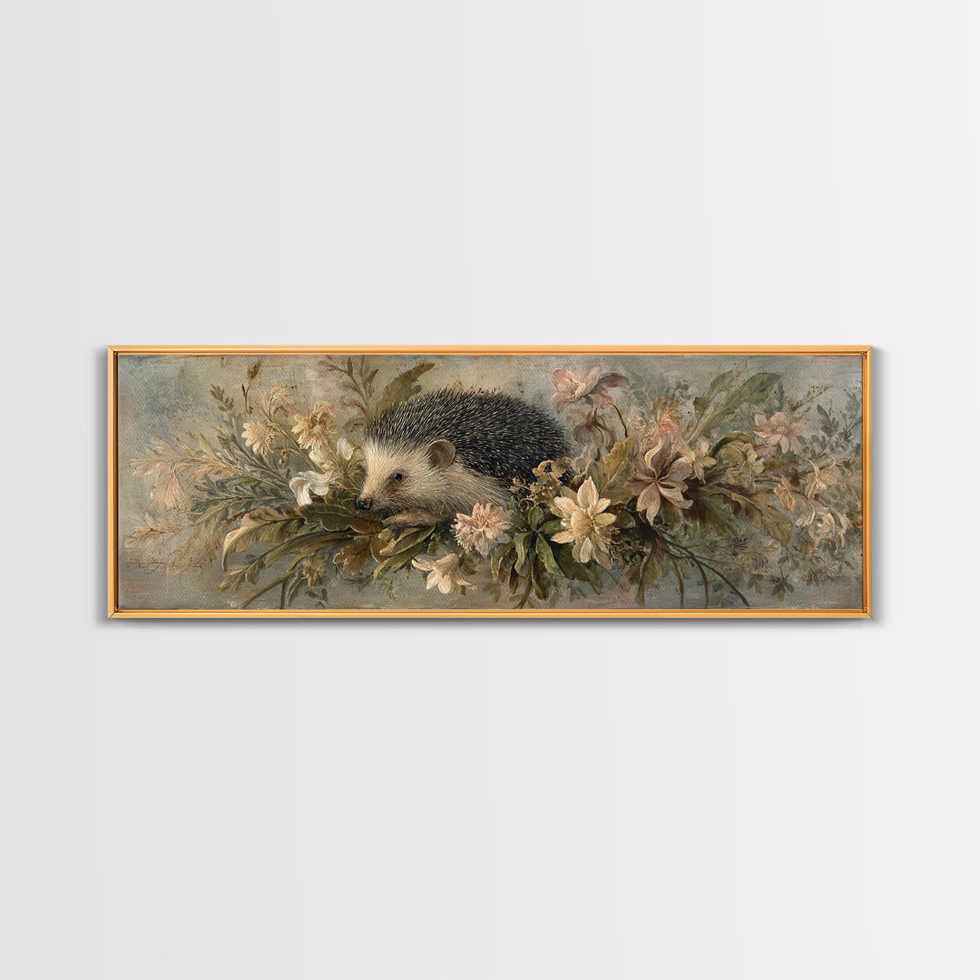 Hedgehog Carrying Wildflowers Framed Canvas Print, Whimsical Art, Prints, Living Room Decor, Oil Painting, Wonder, WHI-3x1-55