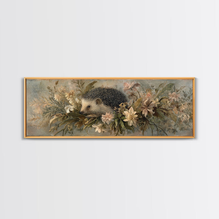 Hedgehog Carrying Wildflowers Framed Canvas Print, Whimsical Art, Prints, Living Room Decor, Oil Painting, Wonder, WHI-3x1-55