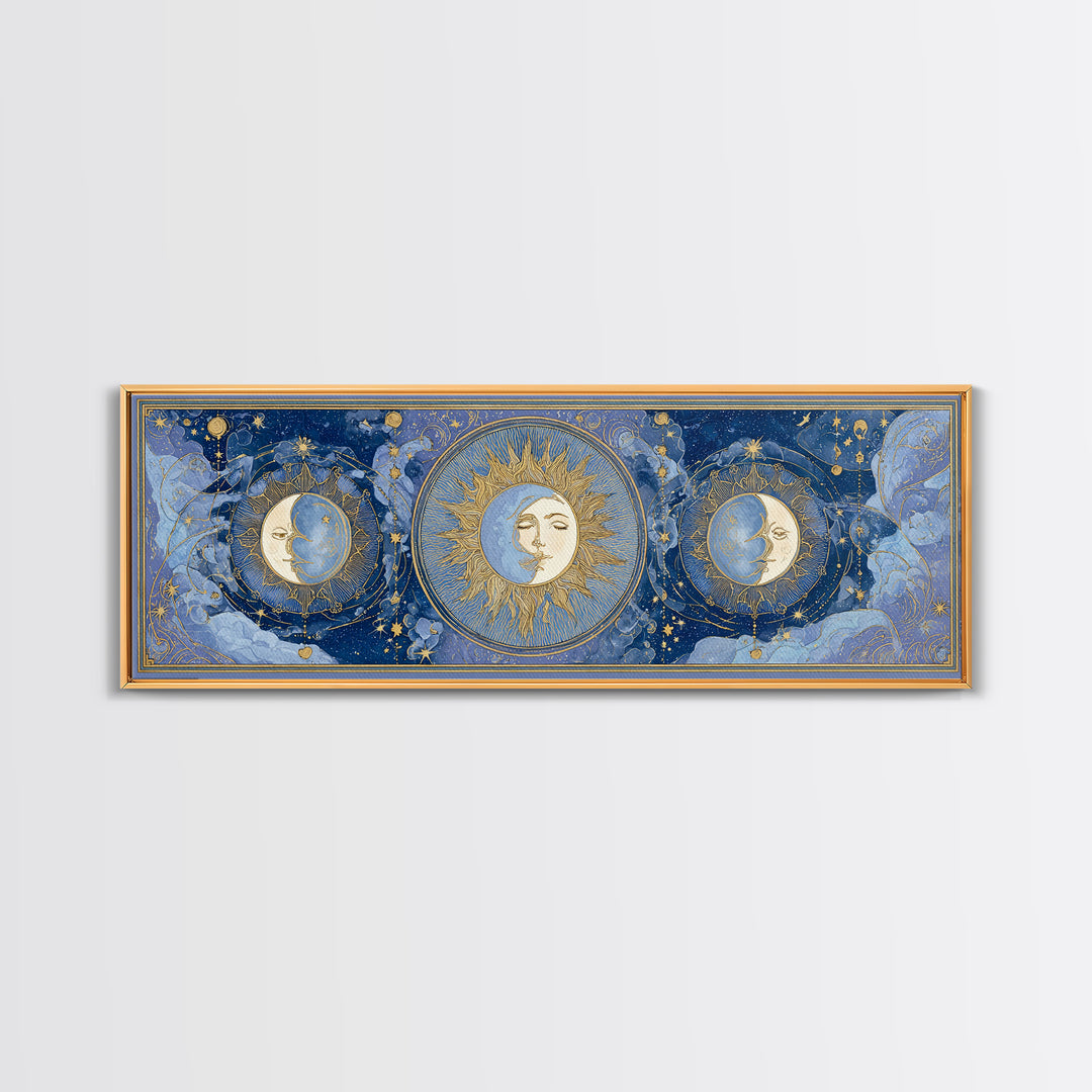 Moon with Sleeping Face and Dangling Stars Framed Canvas Print, Whimsical Art, Minimalist Decor, Living Room Decor, Wonder, WHI-3x1-56