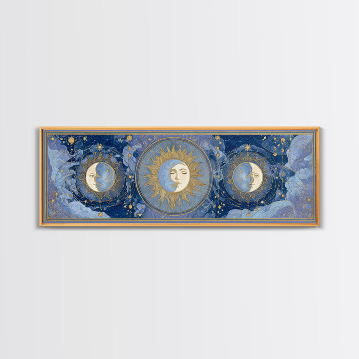 Moon with Sleeping Face and Dangling Stars Framed Canvas Print, Whimsical Art, Minimalist Decor, Living Room Decor, Wonder, WHI-3x1-56