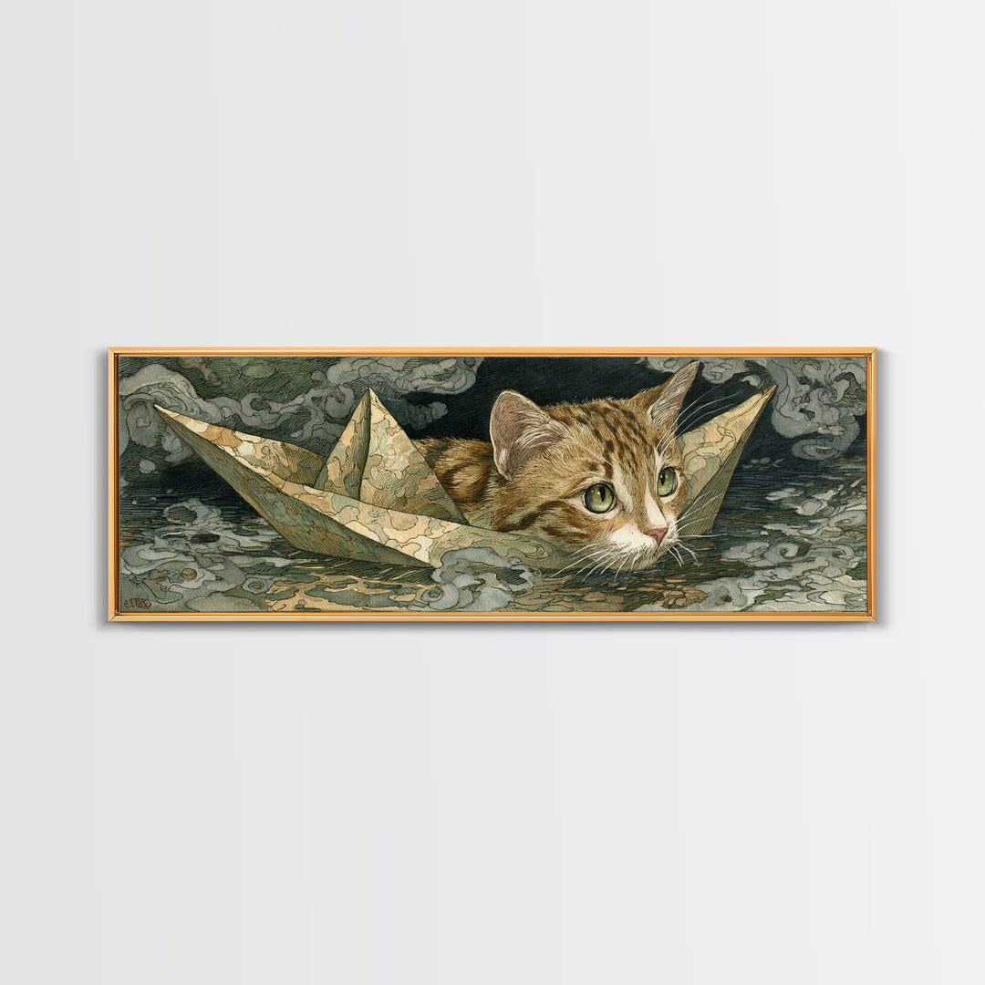 Cat Sailing a Paper Boat Canvas Print, Whimsical Art, Abstract Wall Art, Living Room Decor, Fine Art, Wonder, Neutral Decor, WHI-3x1-66