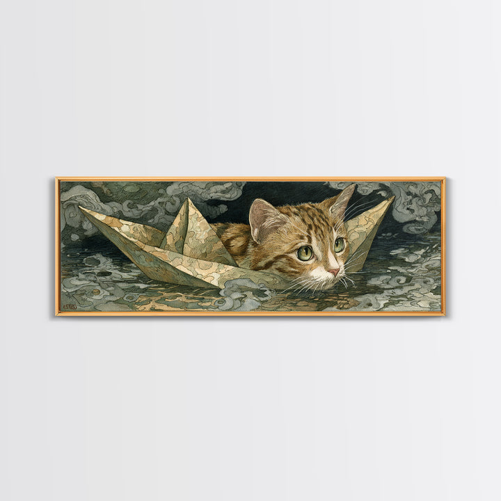 Cat Sailing a Paper Boat Canvas Print, Whimsical Art, Abstract Wall Art, Living Room Decor, Fine Art, Wonder, Neutral Decor, WHI-3x1-66