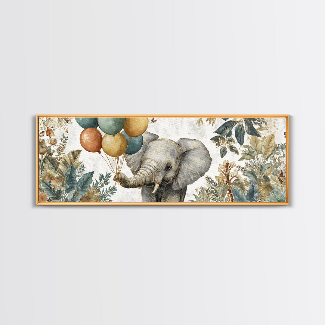 Elephant Holding Balloons Framed Canvas Print, Whimsical Art, Art Nouveau, Living Room Decor, Abstract Art, Wonder, WHI-3x1-67