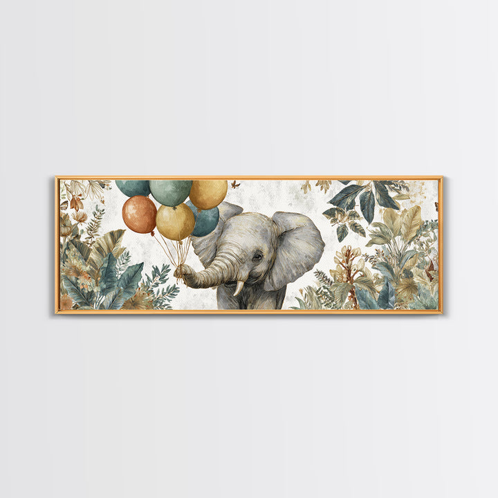 Elephant Holding Balloons Framed Canvas Print, Whimsical Art, Art Nouveau, Living Room Decor, Abstract Art, Wonder, WHI-3x1-67
