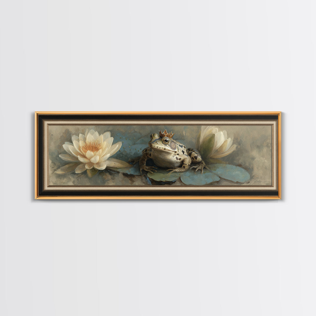 Frog Prince on a Lily Pad Framed Canvas Print, Whimsical Art, Wall Decor, Living Room Decor, Fine Art, Wonder, Printable Art, WHI-3x1-72