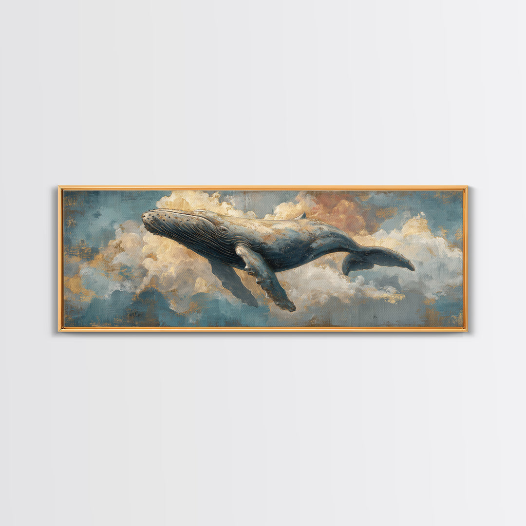 Whale Flying Through Clouds Like Ocean Framed Canvas Print, Whimsical Art, Nursery Art, Living Room Decor, Oil Painting, Wonder, WHI-3x1-77