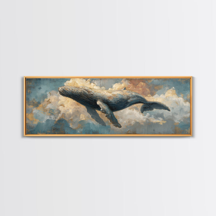 Whale Flying Through Clouds Like Ocean Framed Canvas Print, Whimsical Art, Nursery Art, Living Room Decor, Oil Painting, Wonder, WHI-3x1-77