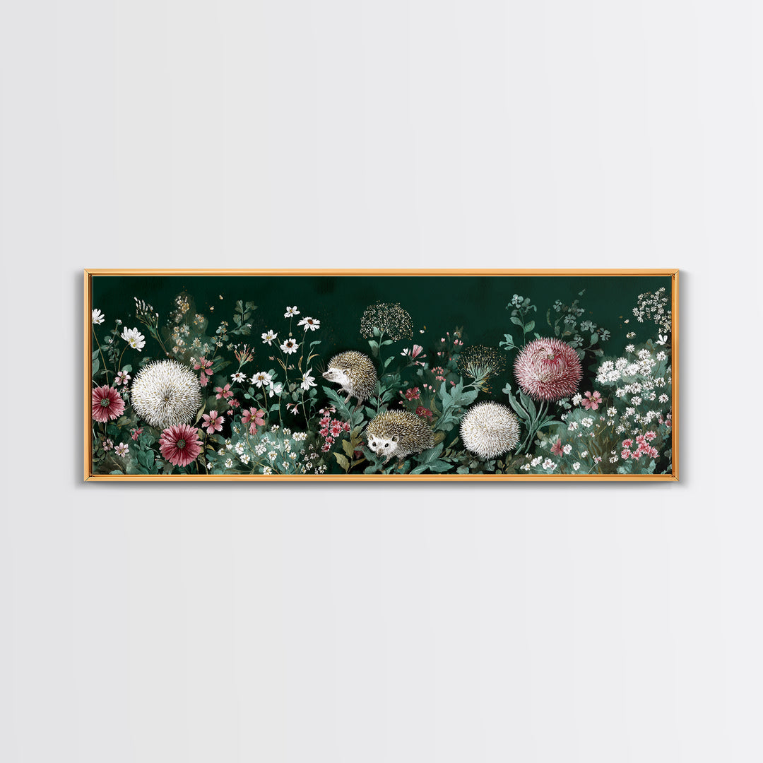 Hedgehog Carrying Wildflowers Framed Canvas Print, Whimsical Art, Whimsical, Living Room Decor, Watercolor Art, Wonder, WHI-3x1-79