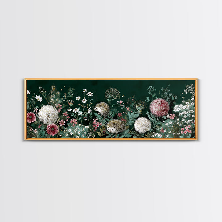 Hedgehog Carrying Wildflowers Framed Canvas Print, Whimsical Art, Whimsical, Living Room Decor, Watercolor Art, Wonder, WHI-3x1-79