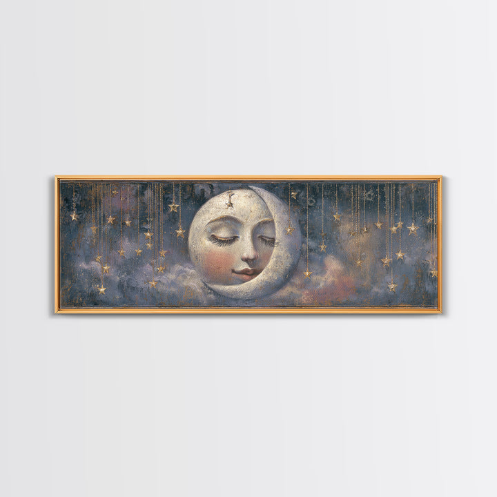 Moon with Sleeping Face and Dangling Stars Canvas Print, Whimsical Art, Art Print, Living Room Decor, Fine Art, Wonder, WHI-3x1-80
