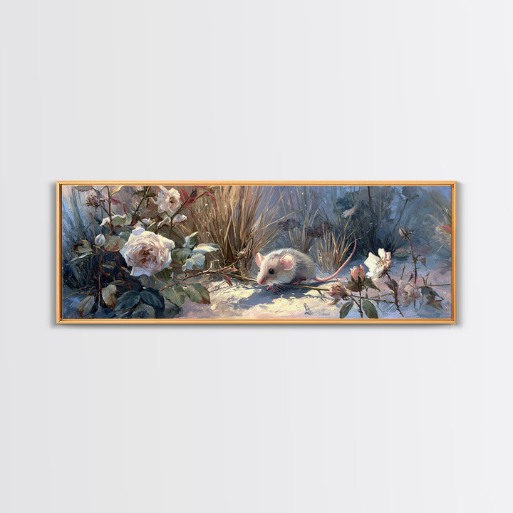 Mouse Ballerina in a Rose Garden Framed Canvas Print, Whimsical Art, Oil Painting, Living Room Decor, Wonder, WHI-3x1-99