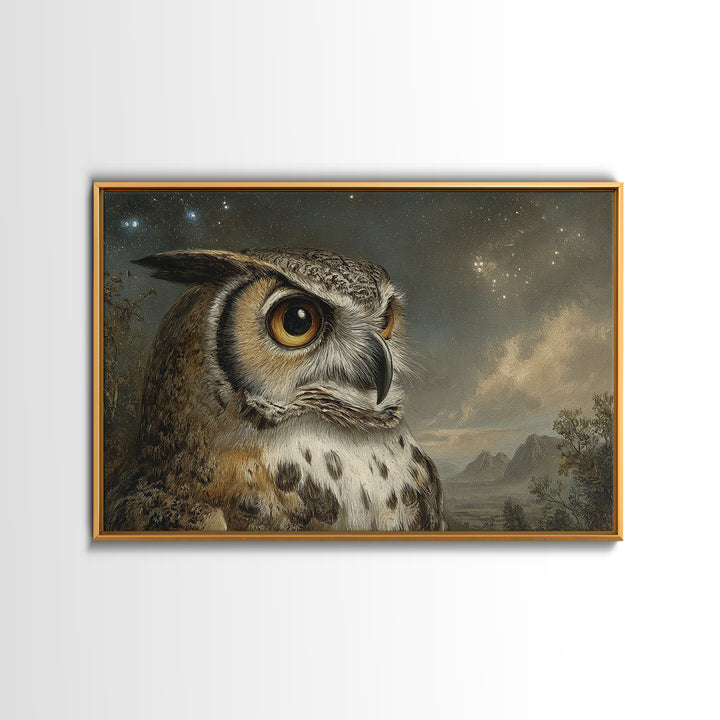 Owl Wearing Spectacles Among Stars Framed Canvas Print, Whimsical Art, Nursery, Living Room Decor, Wonder, Watercolor Art, WHI-3x2-10