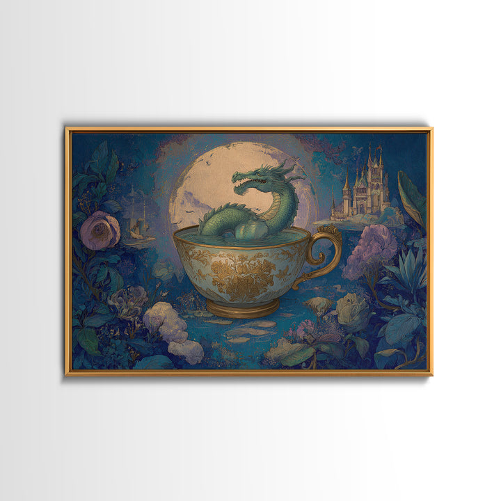 Dragon Curled Around a Teacup Framed Canvas Print, Whimsical Art, Wall Art, Living Room Decor, Oil Painting, Wonder, WHI-3x2-100