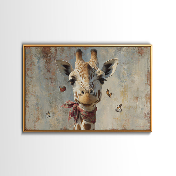 Giraffe with Scarf and Butterflies Framed Canvas Print, Whimsical Art, Framed Wall Art, Living Room Decor, Fine Art, Wonder, WHI-3x2-14