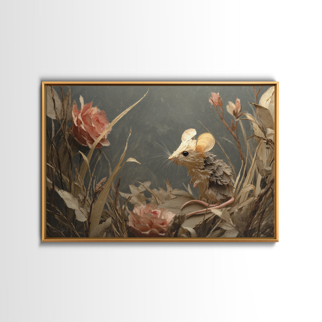 Mouse Ballerina in a Rose Garden Framed Canvas Print, Whimsical Art, Abstract Wall Art, Living Room Decor, Watercolor Art, WHI-3x2-15